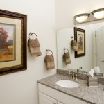 Towne Centre at Englewood bathroom photo showing dual sinks, granite countertops and upgraded faucets. A picture of a tree hangs on the wall. Hand towels and other decorations are shown.